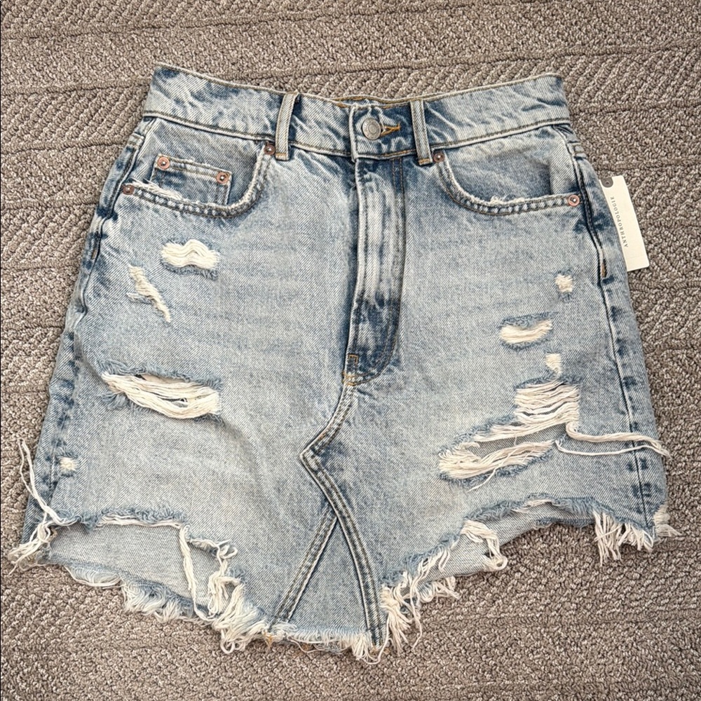 Anthropologie Light Wash Distressed Denim Mini Skirt